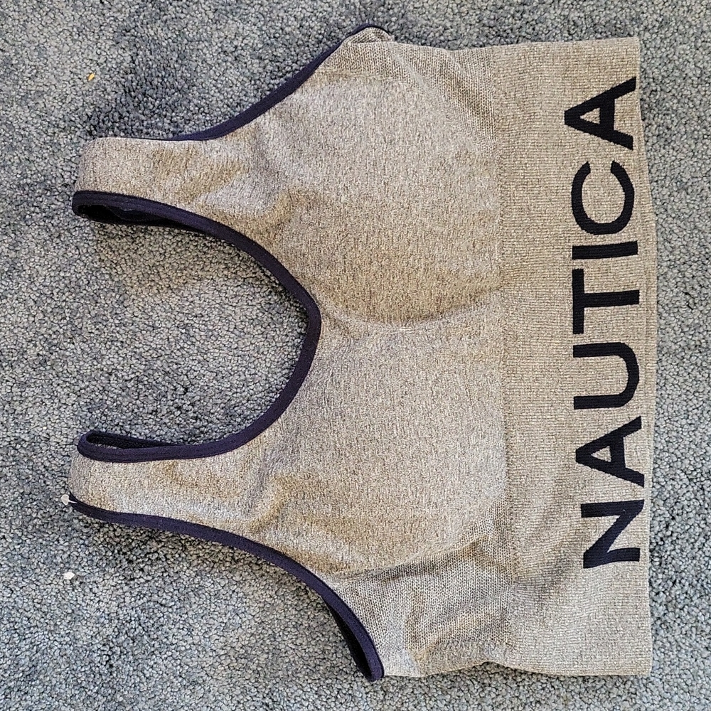 Nautica bralette/exercise top....gray with blue stripes and lettering size 2xl